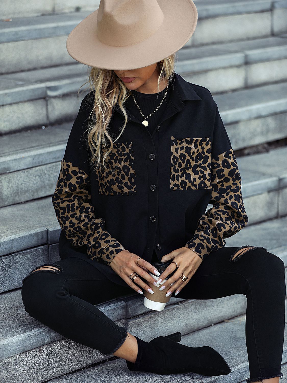 Leopard Print Buttoned Dropped Shoulder Jacket