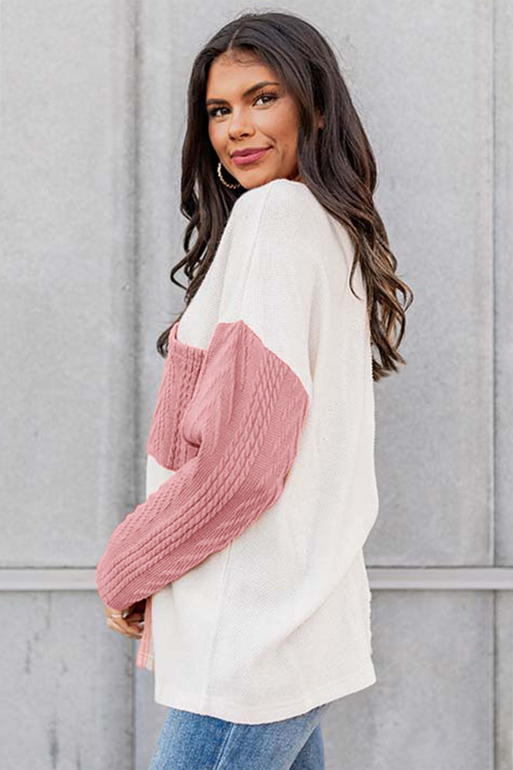 Full Size Color Block Cable-Knit Sweater