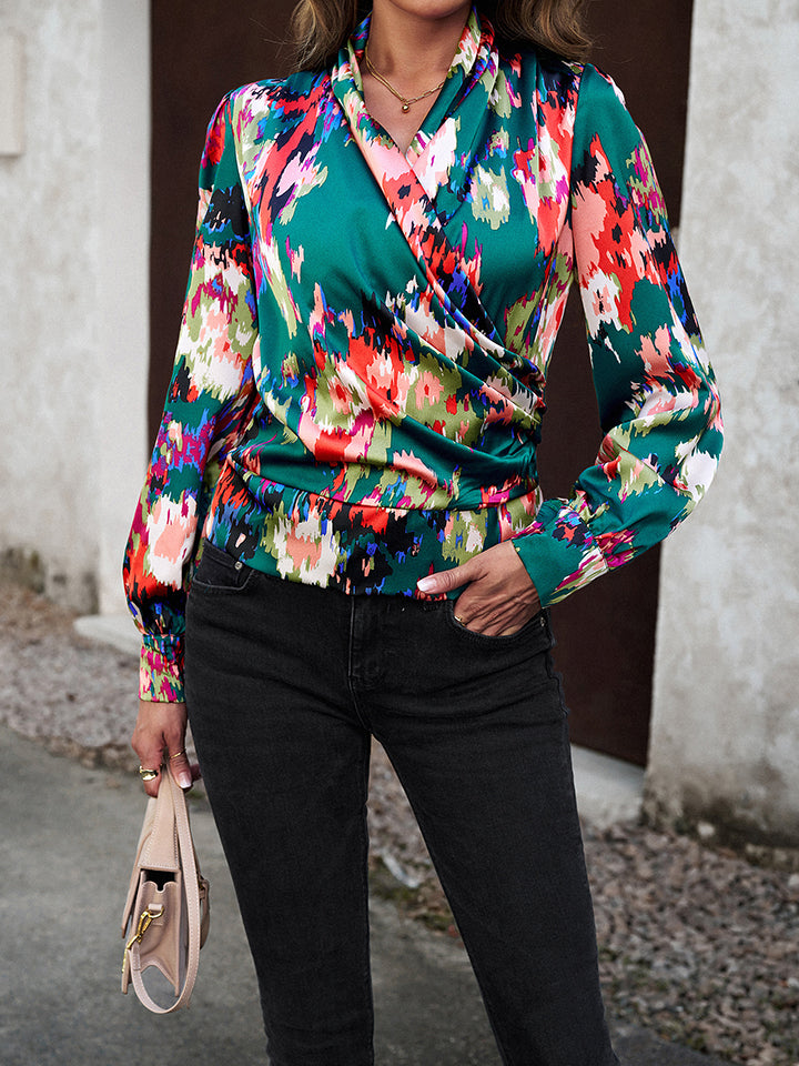 Printed Surplice Neck Long Sleeve Blouse