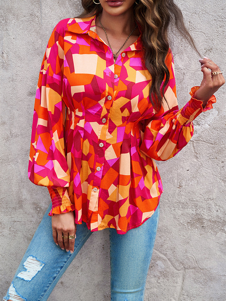 Printed Button-Up Lantern Sleeve Shirt