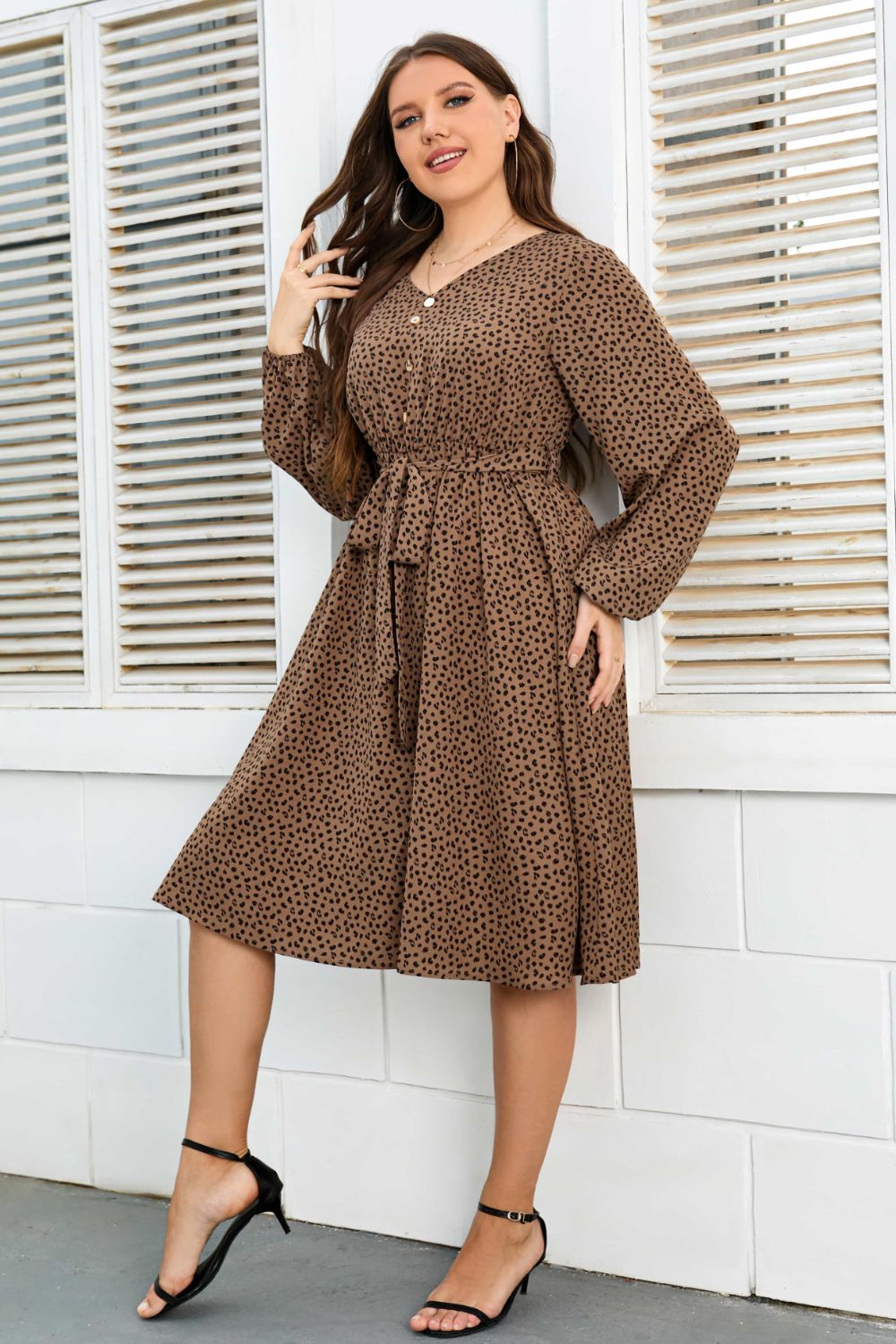 Plus Size Printed V-Neck Balloon Sleeve Tie Waist Dress