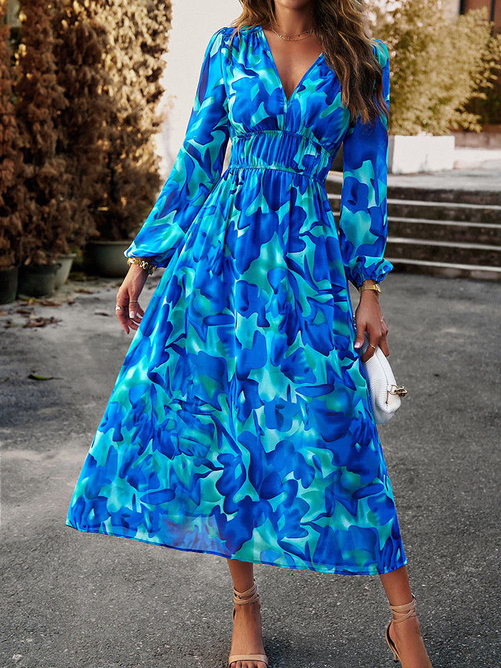 Printed V-Neck Long Sleeve Midi Dress