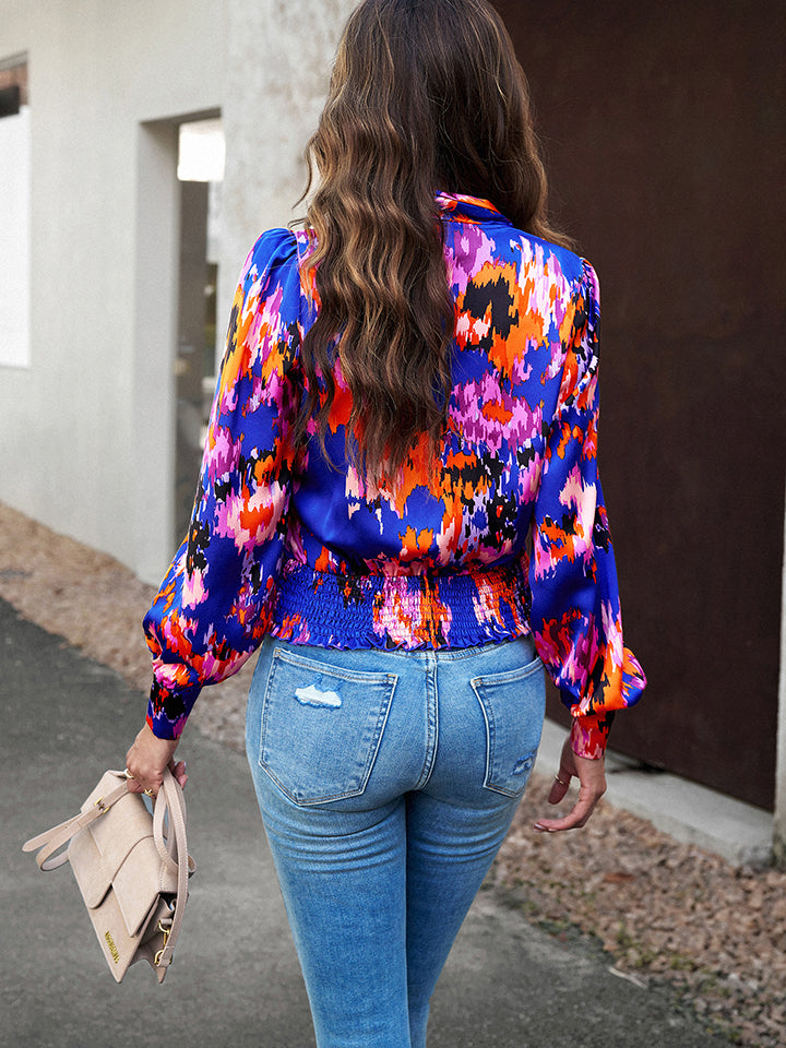 Printed Surplice Neck Long Sleeve Blouse