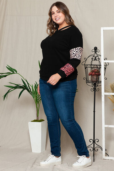 Plus Size Leopard Dropped Shoulder Long Sleeve T-Shirt