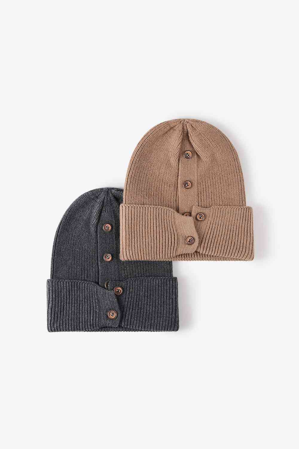 Button Detail Rib-Knit Cuff Beanie