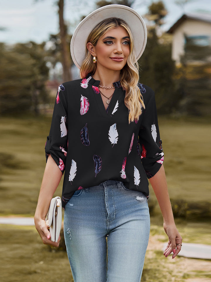 Printed Roll-Tab Sleeve Notched Neck Blouse