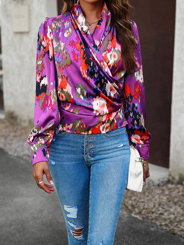 Printed Surplice Neck Long Sleeve Blouse